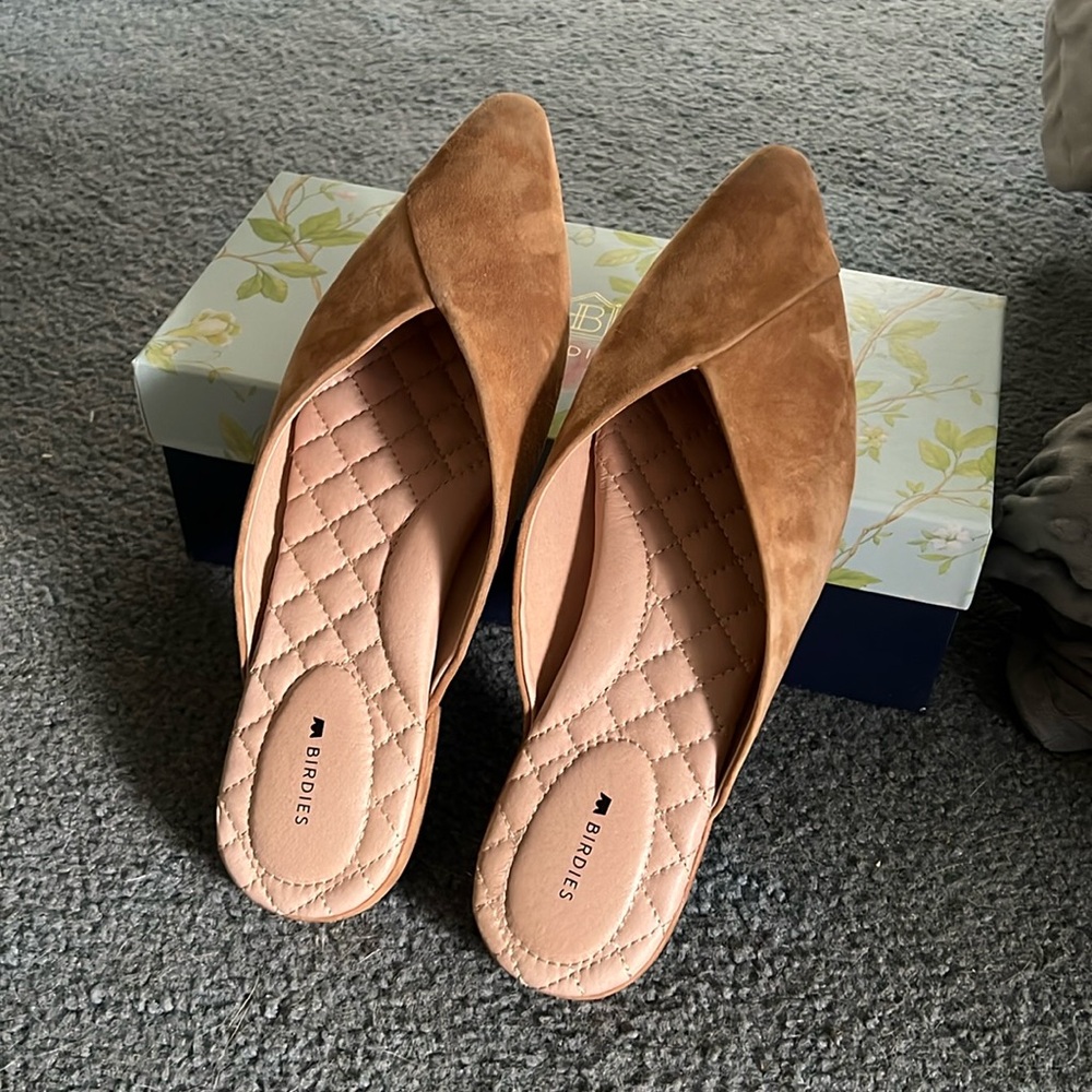 Birdies Swan  suede slipper open back flats